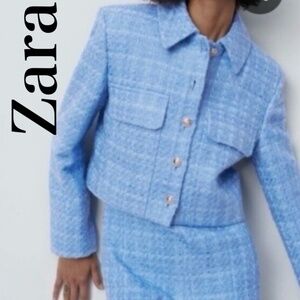 Zara Pastel Blue Tweed Cropped Blazer